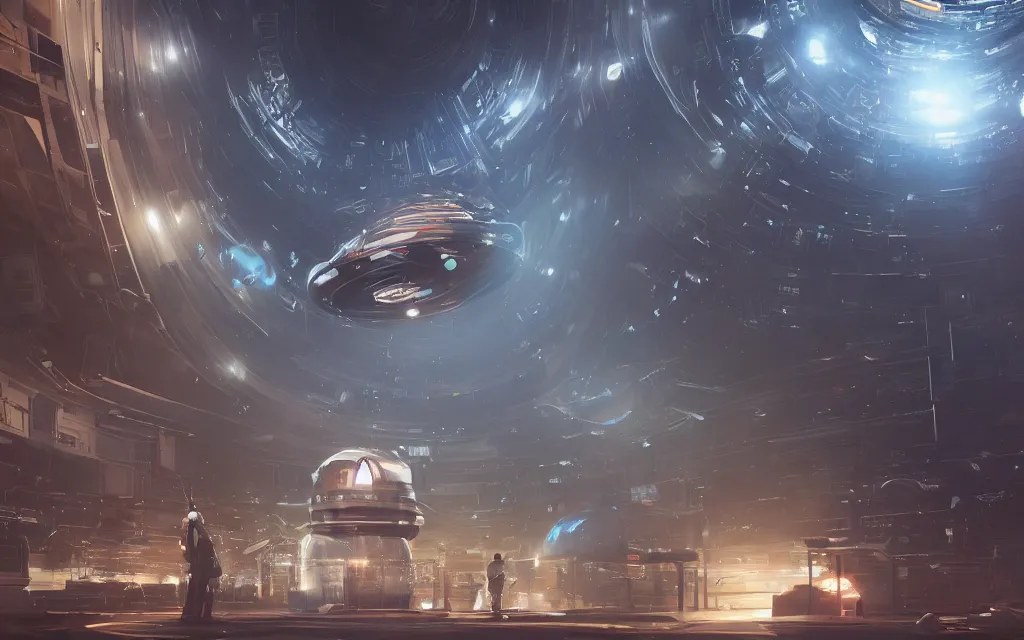 Image similar to large teleporter in space inside a bustling space market, concept art, digital art, illustration, sharp focus, octane render, trending on artstation