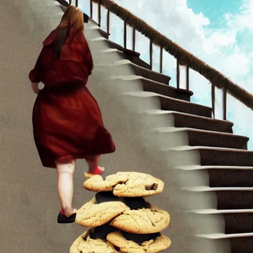 Image similar to a woman walking up a stair case made of cookies in the clouds, hyper real, digital art, artstation