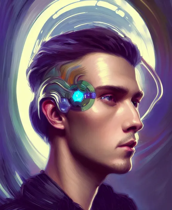 Image similar to a whirlwind inside the metaverse, guy, male, man, science, machine face, fashionable haircut, half body, neurochip, android, cyberpunk face, by loish, d & d, fantasy, intricate, elegant, highly detailed, colorful, digital painting, artstation, concept art, art by artgerm and greg rutkowski and alphonse mucha