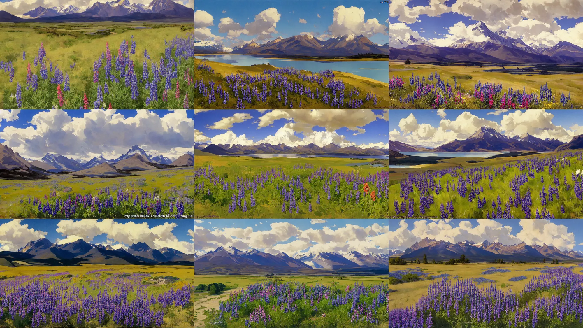 Prompt: painting by sargent and leyendecker and greg hildebrandt evening sky, low thunder clouds foothpath at indian summer lupins at lake tekapo tundra and taiga in background