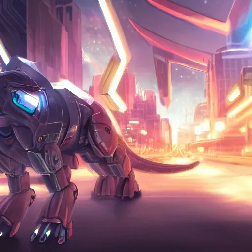 Image similar to highly detailed cinematic shot of a mecha canine, sharp claws, glowing visor, charging through city, digital art, furry art, furaffinity, deviantart, dragon art