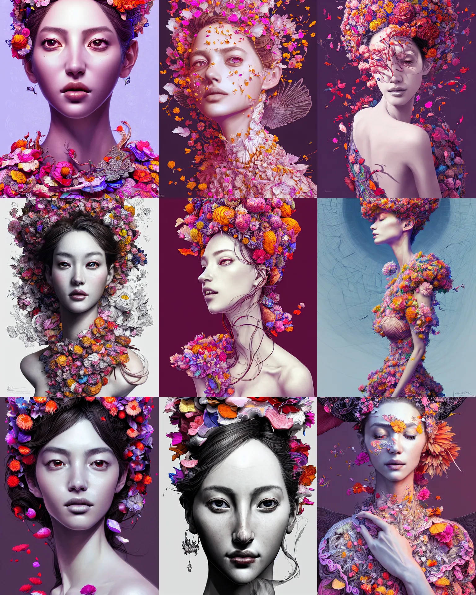 Prompt: the portrait of an absurdly beautiful, graceful, elegant woman made of petals, an ultrafine detailed illustration by kim jung gi, irakli nadar, intricate linework, bright colors, final fantasy, behance contest winner, angular, unreal engine 5 highly rendered, global illumination, radiant light, detailed and intricate environment