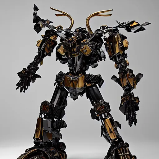 Image similar to smooth combat mech, carved obsidian mechanical exoskeleton wearing hardsurface armour, inlaid with ivory and gold accents, rococo, wings lace wear, sculpted by spider zero, frank gehry, jeff koons, bandai box art, by john berkey, norman rockwell, ivan shishkin