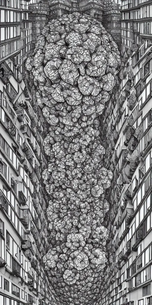 Image similar to colossal MC Escher flower in the middle of post soviet constructivist cityscape, Stalinist architecture, ultradetailed, Intricate by Hayao Miyazaki and Josan Gonzalez and Giuseppe Arcimboldo and Wes Anderson and H.R. Giger