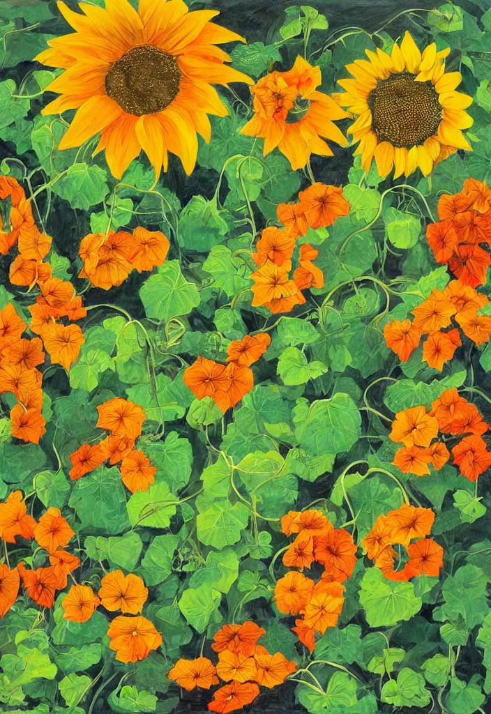 Image similar to contest winner, fine artwork about sunflower and falling nasturtiums with vines