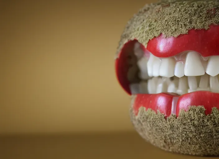 Image similar to photo still of an apple with human teeth, 8 k, studio lighting, 8 5 mm f 1. 8