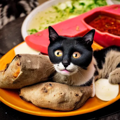 Prompt: cat - kebap - hybrid, animal photography, food photography, delivery service