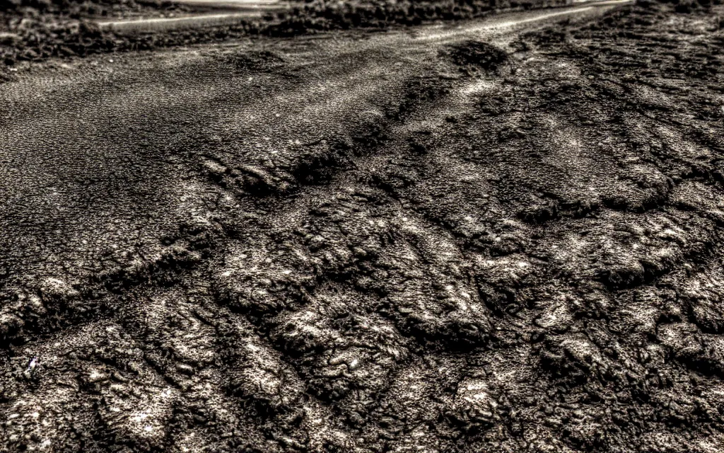 Image similar to close up of a dirt road, rock texture, high contrast cinematic lighting, ambient occlusion render, duotone, detailed