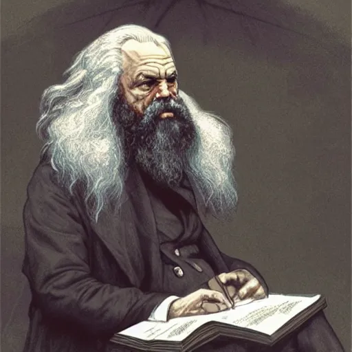 Image similar to portrait of Karl Marx pondering his orb, highly detailed, digital painting, artstation, concept art, smooth, sharp focus, illustration, art by magalie villeneuve and alan lee and artgerm and greg rutkowski and alphonse mucha