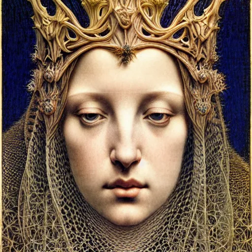 Prompt: detailed realistic beautiful young medieval queen face portrait by jean delville, iris van herpen and marco mazzoni, art forms of nature by ernst haeckel, art nouveau, symbolist, visionary, gothic, pre - raphaelite