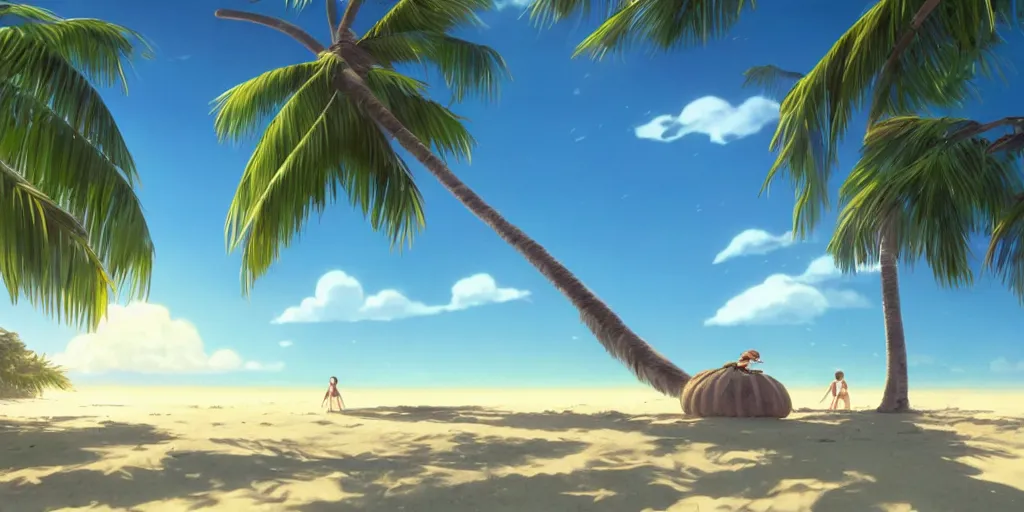 Image similar to a wholesome animation key shot of a focused palm tree swaying in the wind on a tropical beach, medium shot, waist up, studio Ghibli, Pixar and Disney animation, sharp, very detailed, high resolution, Rendered in Unreal Engine 5, anime key art by Greg Rutkowski, Bloom, dramatic lighting