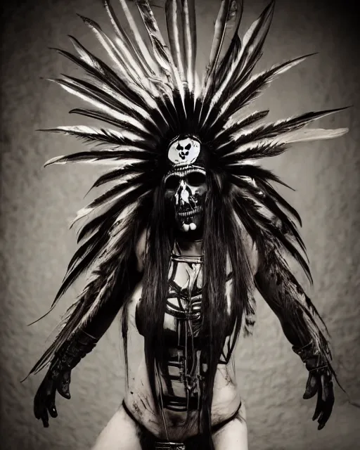 Image similar to lady native sisters ghost - spirit of the grim - warpaint wears the scarlet skull armor and native blood headdress feathers, midnight fog - mist!, cinematic lighting, various refining methods, micro macro autofocus, ultra definition, award winning photo, photograph by ghostwave - gammell - giger - shadowlord