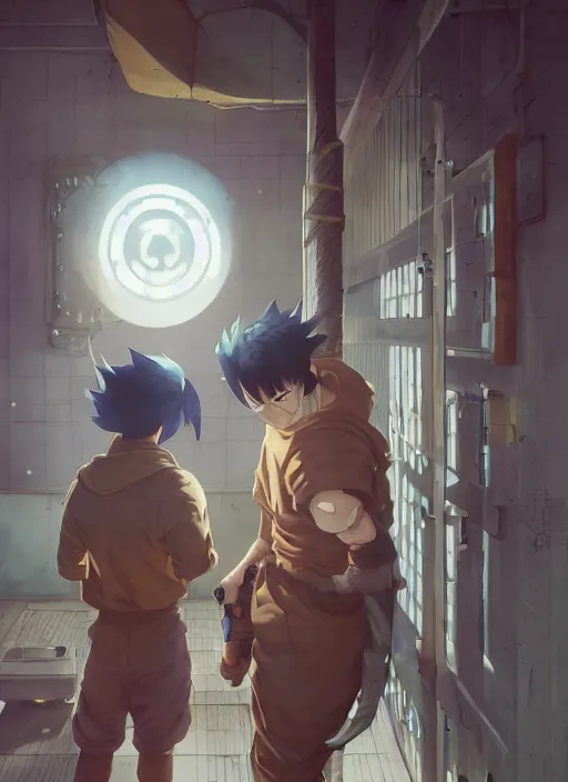 Image similar to highly detailed krillin standing outside building with a window with metal bars and naruto uzumaki with black hair behind them art by greg rutkowski, loish, rhads, ferdinand knab, makoto shinkai and lois van baarle, ilya kuvshinov, rossdraws, tom bagshaw, global illumination, radiant light, detailed and intricate environment