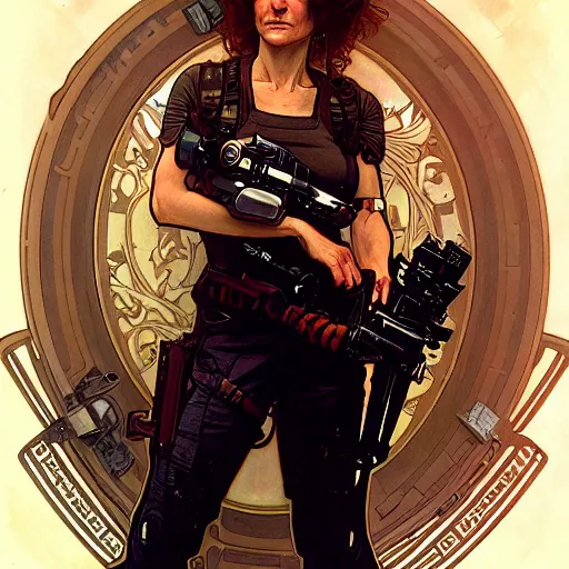 Image similar to full portrait of holly hunter as ellen ripley, fantasy, d & d, intricate, detailed, by by alphonse mucha, adolfo hohenstein, alice russell glenny, stanley artgerm lau, greg rutkowski, detailed, trending on artstation, trending on artstation, smooth