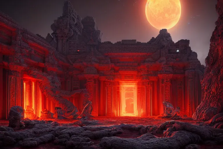 Image similar to beautiful hyperrealistic hyperdetailed epic hdr 3 d render by octane of the mysterious intricate ruins of a temple from an advanced alien starwars civilization under the crescent moon with rimlight with rivers of molten lava by alejandro burdisio and george ines, dramatic lighting