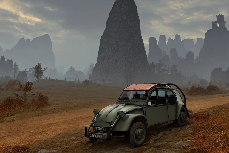 Image similar to offroad citroen 2 cv ( 1 9 6 5 ) of daedric design driving across the rift, daedric axe stored on the side of the car, leather and cloth traveller backpacks on roof, riften city in the background, epic fantasy, autumn, the elder scrolls v : skyrim, dramatic lighting, establishing shot, by simon stalenhag