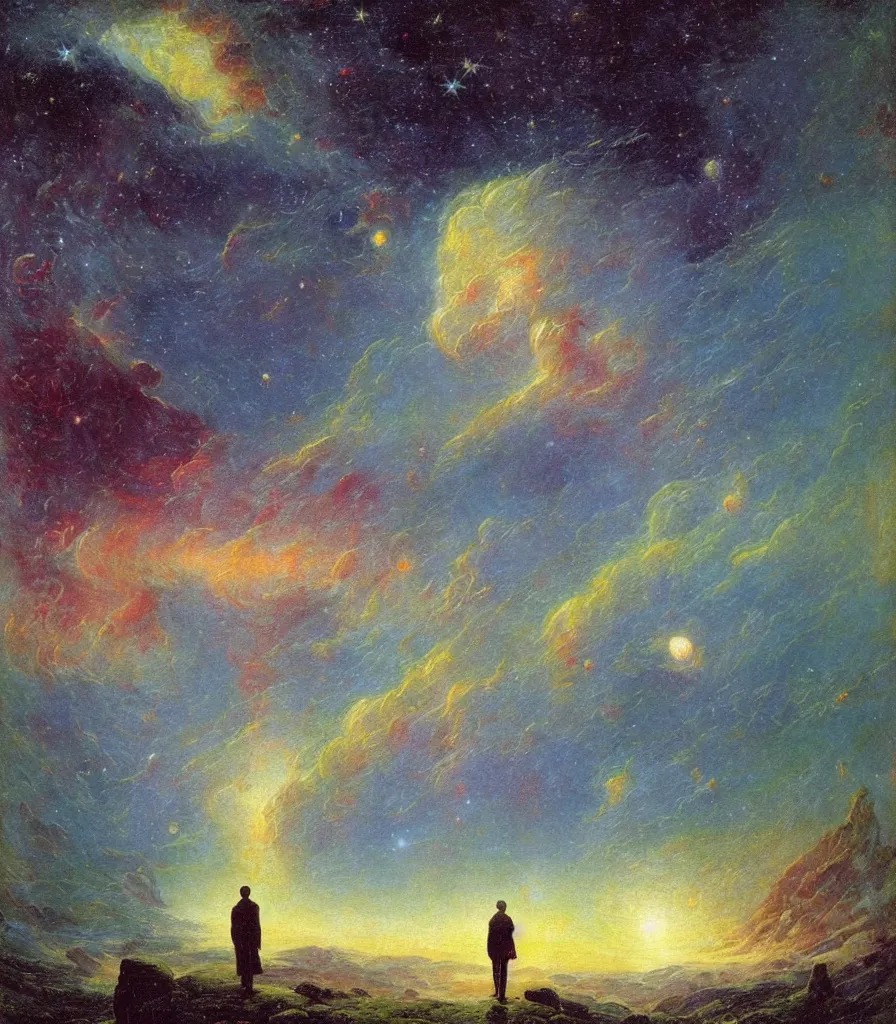 Image similar to an impasto oil painting of a futuristic wanderer gazing into a misty universe full of mystical colorful light nebulae and galaxie spainted by caspar david friedrich, light colors, impressionism