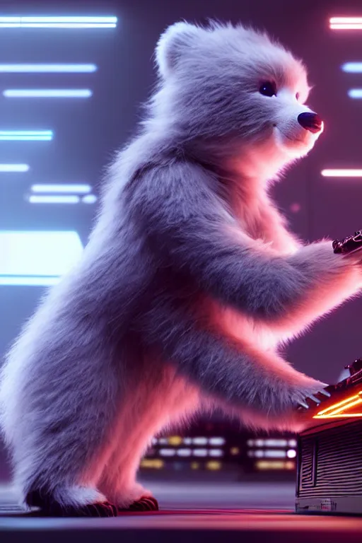 Image similar to high quality 3 d render very cute fluffy cyborg!! bear plays moog synthesizer, cyberpunk highly detailed, unreal engine cinematic smooth, in the style of blade runner & detective pikachu, hannah yata charlie immer, moody light, low angle, uhd 8 k, sharp focus