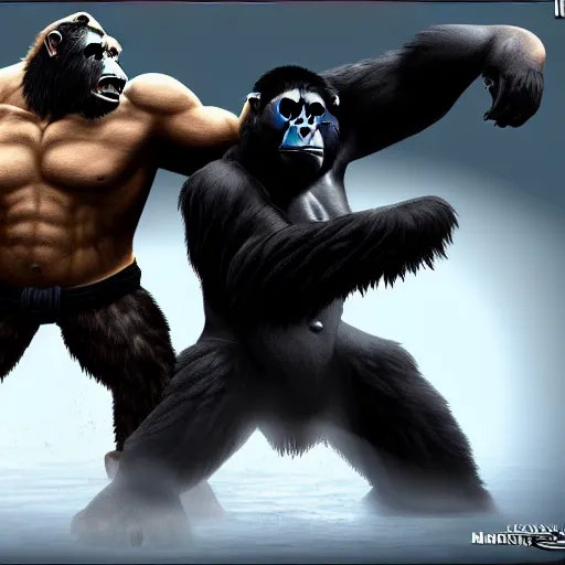 Image similar to a bear and a gorilla fighting in mortal kombat, highly detailed, 4 k