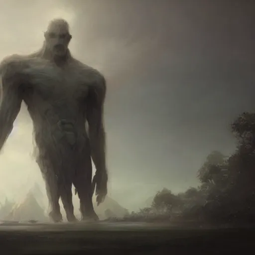 Prompt: a beautiful terrifying pale humanoid giant looms over a tiny human. ethereal fantasy art by greg rutkowski