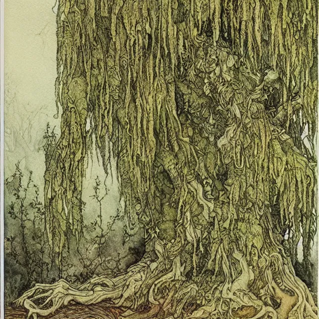 Prompt: a detailed, intricate watercolor and ink illustration with fine lines, of a mossy willow tree by a river, by arthur rackham and edmund dulac and ted nutall