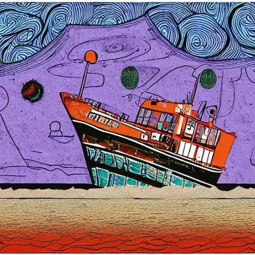 Image similar to an abandoned ship in the aral sea, in the style of daniel johnston and outsider art, 8 k, line brush, overlaid with chinese adverts