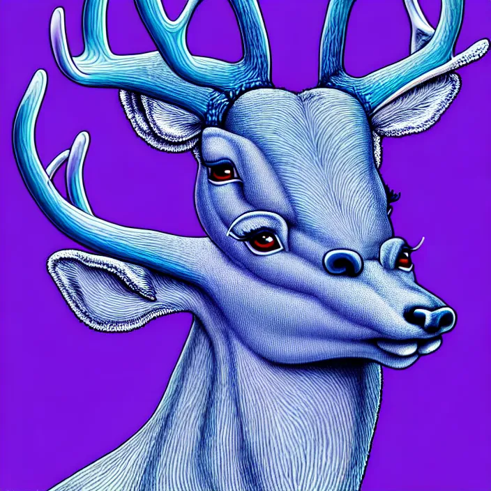 Prompt: an anthropomorphic male blue deer wearing a violet tracksuit blowing a bubble, by alex grey, intricate details, artstation, arrogant, cocky, psychedelic, hd, beautiful