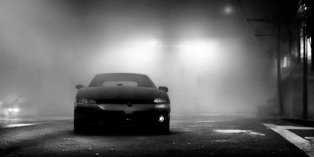 Prompt: a noir film scene, single character, car, mist, foggy, mysterious, monochrome, by yoji shinkawa