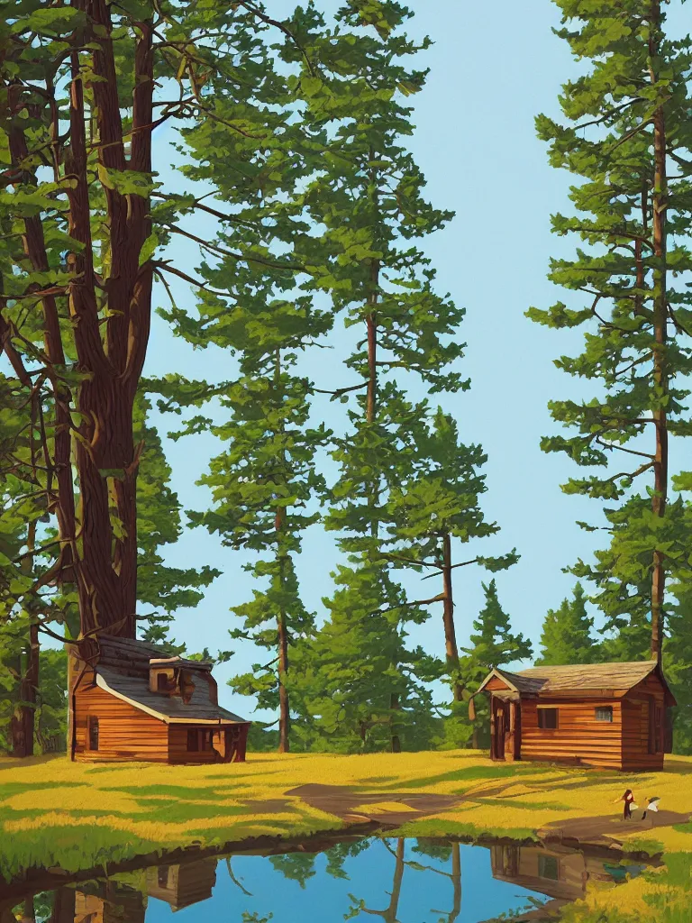 Prompt: an old wooden hikers shack in the woods next to a beautiful medium sized lake, early morning light, spring, 1 0 sparrows flying in the sky, painting by kenton nelson
