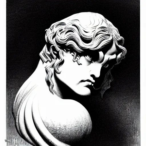 Image similar to gargoyle portrait soft light, by bernie wrightson and joe fenton, inspired victorian, etching, fine, sharp high detail, duotone screen print,