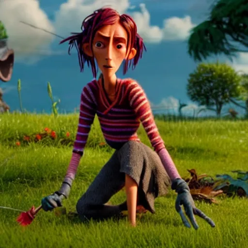 Prompt: a stopmotion animation character, a beautiful and mad canadian woman, on her knees, pulling weeds out frantically, some grey hair, stripey pants, octane render, 8 k, kubo and the two strings,