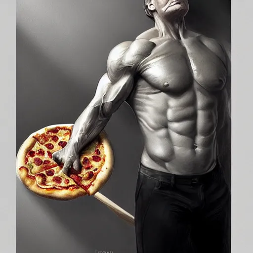 Image similar to donald trump making a pizza, amazing, muscular, fit, very muscular male body, intricate, highly detailed, digital painting, artstation, concept art, sharp focus, illustration, art by greg rutkowski and alphonse mucha