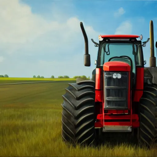 Prompt: hyperrealistic painting image where a tractor appears in the cinematic field