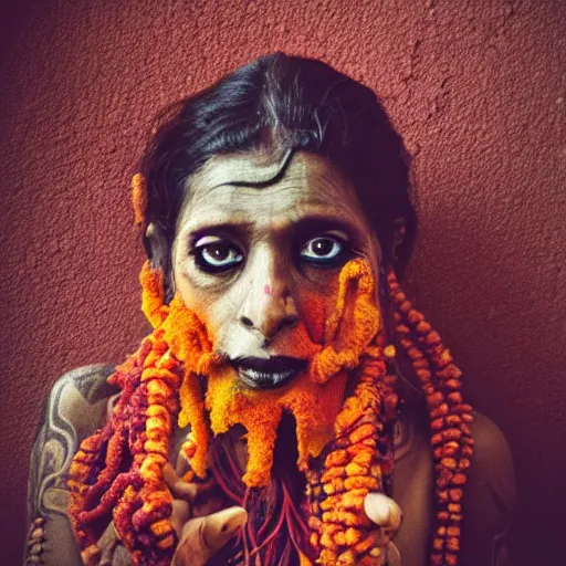 Image similar to realistic exposed expired fuji film portrait of aghori tantrik india woman, tentacled creature mix, marigold celestial vibe, hyperrealism, hypermaxiymalism, photorealistic, detailed, atmospheric, 8 k, award winning photography, cinematic