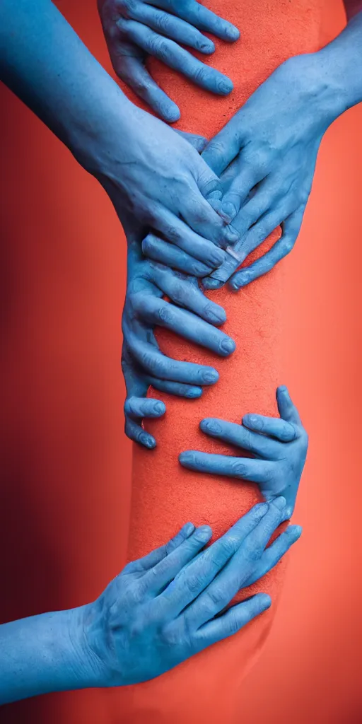 Image similar to a blurry closeup picture of skin gripped tightly, human bodies, hands, macro photography, long exposure photograph, surrealism, anamorphic bokeh, orange and cyan lighting, cinematic