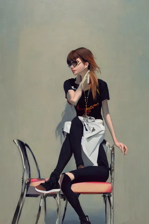 Prompt: A ultradetailed beautiful panting of a stylish woman looking at the camera, she is wearing streetwear, she is sitting on a chair, bright sunny day, Oil painting, by Ilya Kuvshinov, Greg Rutkowski and Makoto Shinkai