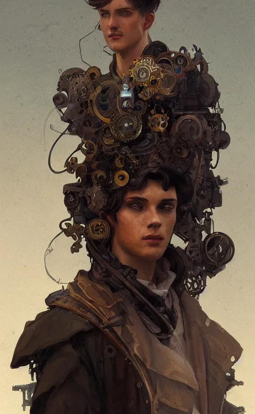 Image similar to Portrait of a steampunk young man, science fiction, highly detailed, digital painting, artstation, concept art, illustration, art by Greg Rutkowski and alphonse mucha