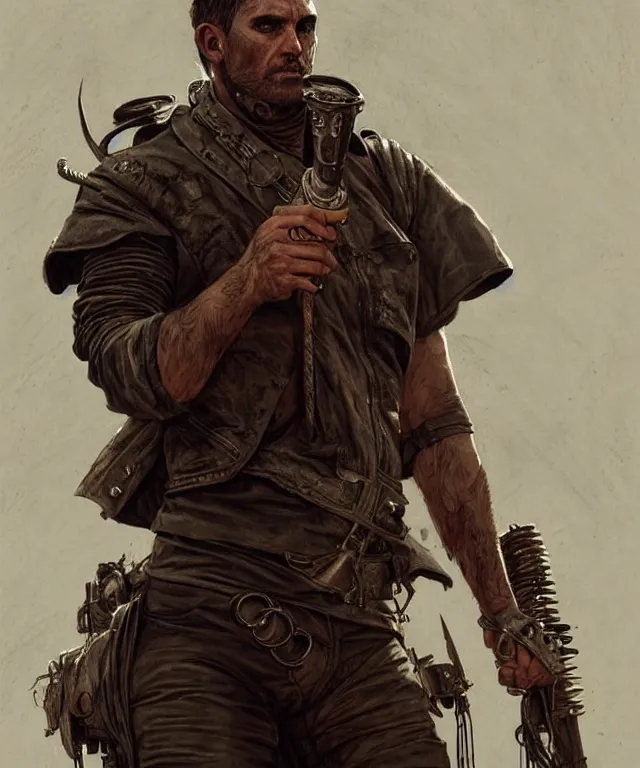 Prompt: a man dressed in mad max clothing, highly detailed, digital painting, artstation, concept art, matte, sharp focus, illustration, art by artgerm and greg rutkowski and alphonse mucha