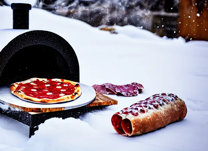 Image similar to clear highly detailed photorealistic food photograph of a wood oven cooked pizza half frozen in ice with salami pepperoni lying in the snow