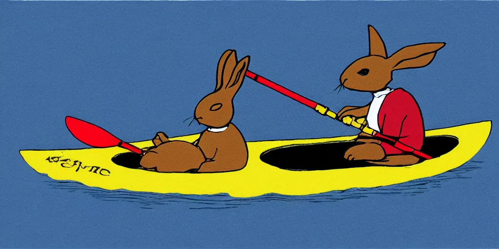 Image similar to a rabbit paddling a kayak, in the style of Zorn