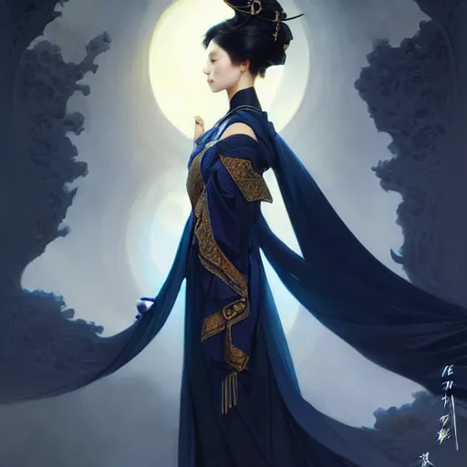 Prompt: ‘elegant Chinese princess, D&D, blue eyes, black hair, fantasy, intricate, elegant, highly detailed, digital painting, artstation, concept art, smooth, sharp focus, illustration, art by artgerm and greg rutkowski and alphonse mucha’