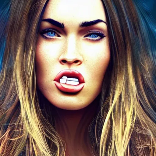 Image similar to megan fox closeup of face. using tongue to lick lips. hyperrealistic portrait, photo realistic, poster, artstation, volumetric lighting, digital art, very detailed face by magali villeneuve