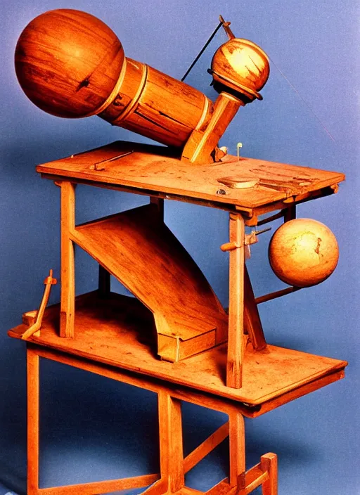 Prompt: realistic photo of a a wooden astronomy archeology chemistry scientific appliance model equipment gadget made of wooden constructor 1 9 9 0, life magazine reportage photo, natural colors, metropolitan museum collection