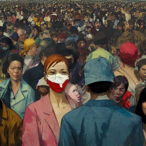 Prompt: a woman with transparent plastic bag on her face in a crowd of mad people in a landfill after the war, vibrant, by akihiko yoshida and edward hopper