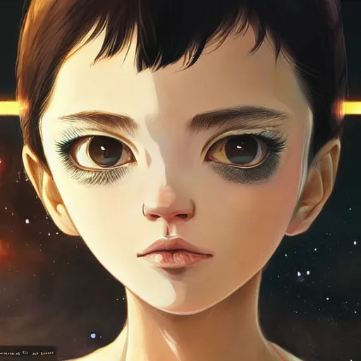 Image similar to A space realistic cat with big and cute eyes, fine-face, realistic shaded perfect face, fine details. realistic shaded lighting poster by Ilya Kuvshinov katsuhiro otomo ghost-in-the-shell, magali villeneuve, artgerm, Jeremy Lipkin and Michael Garmash, Rob Rey and Kentarõ Miura style, trending on art station