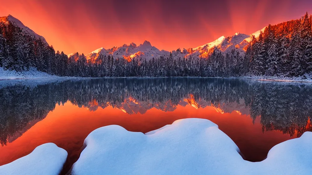 Image similar to amazing snowy landscape photo of mountains with lake in sunset by marc adamus, beautiful dramatic lighting