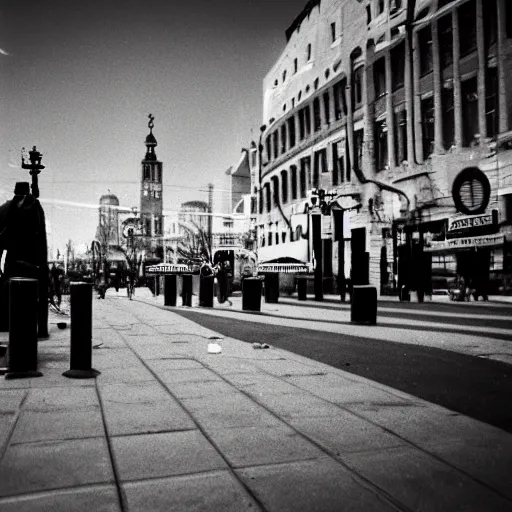 Image similar to A pinhole-styled photograph of surrealist street photography, shallow depth of field, wide-angle lens