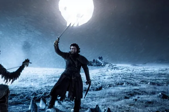 Image similar to very very intricate photorealistic photo of jon snow defeating the night king, photo is in focus with detailed atmospheric lighting, award - winning details