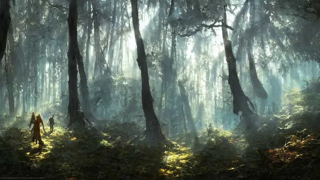 Image similar to A Craig Mullins oil painting of a hauntingly beautiful elven forest in the morning; rays of light coming through the canopy; trending on artstation; extraordinary masterpiece!!!!!!; 8k