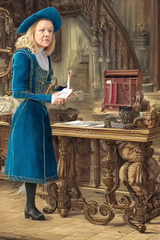 Prompt: intricate color photo of liz truss collecting taxes as the sheriff of nottingham, 8 k octane beautifully detailed render